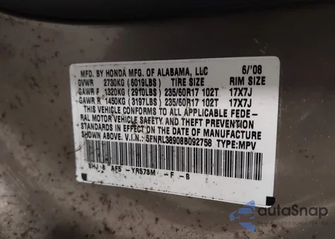 2008 Honda Odyssey Touring z USA, uszkodzony, nr VIN 5FNRL38908B092758